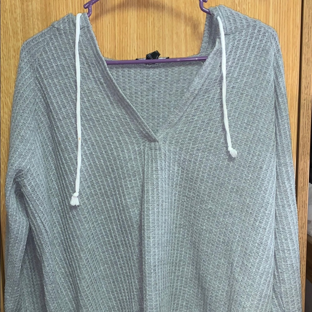 Grey longe sleeve hooded waffle T